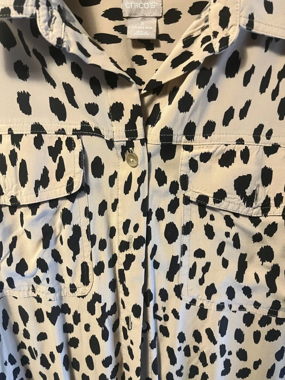 Chico's Taupe and Black Dotted Button-Front Blouse - Picture 3 of 5